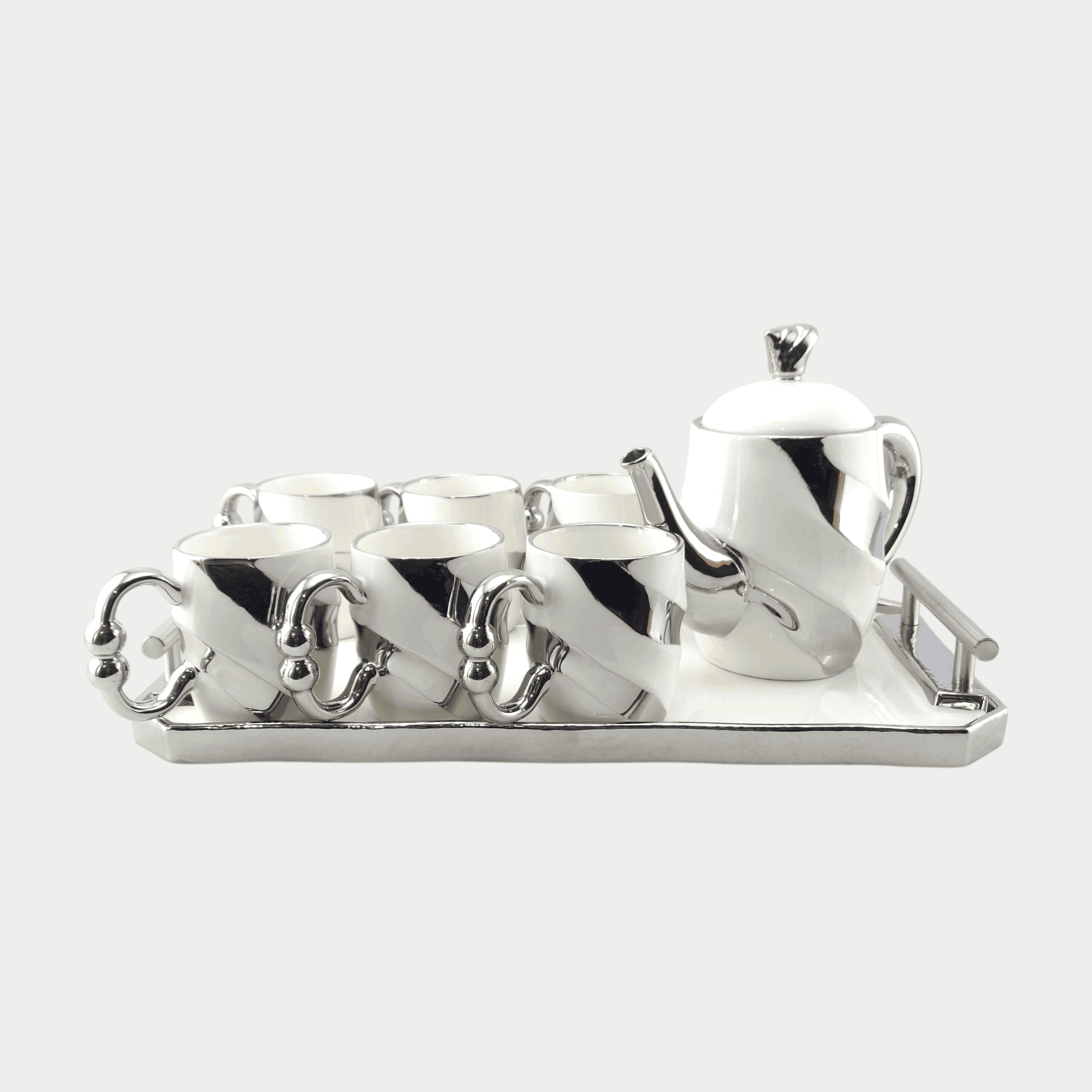 Royal 9-Piece Coffee Set White & Silver With Tray Kaka Bawa Sons