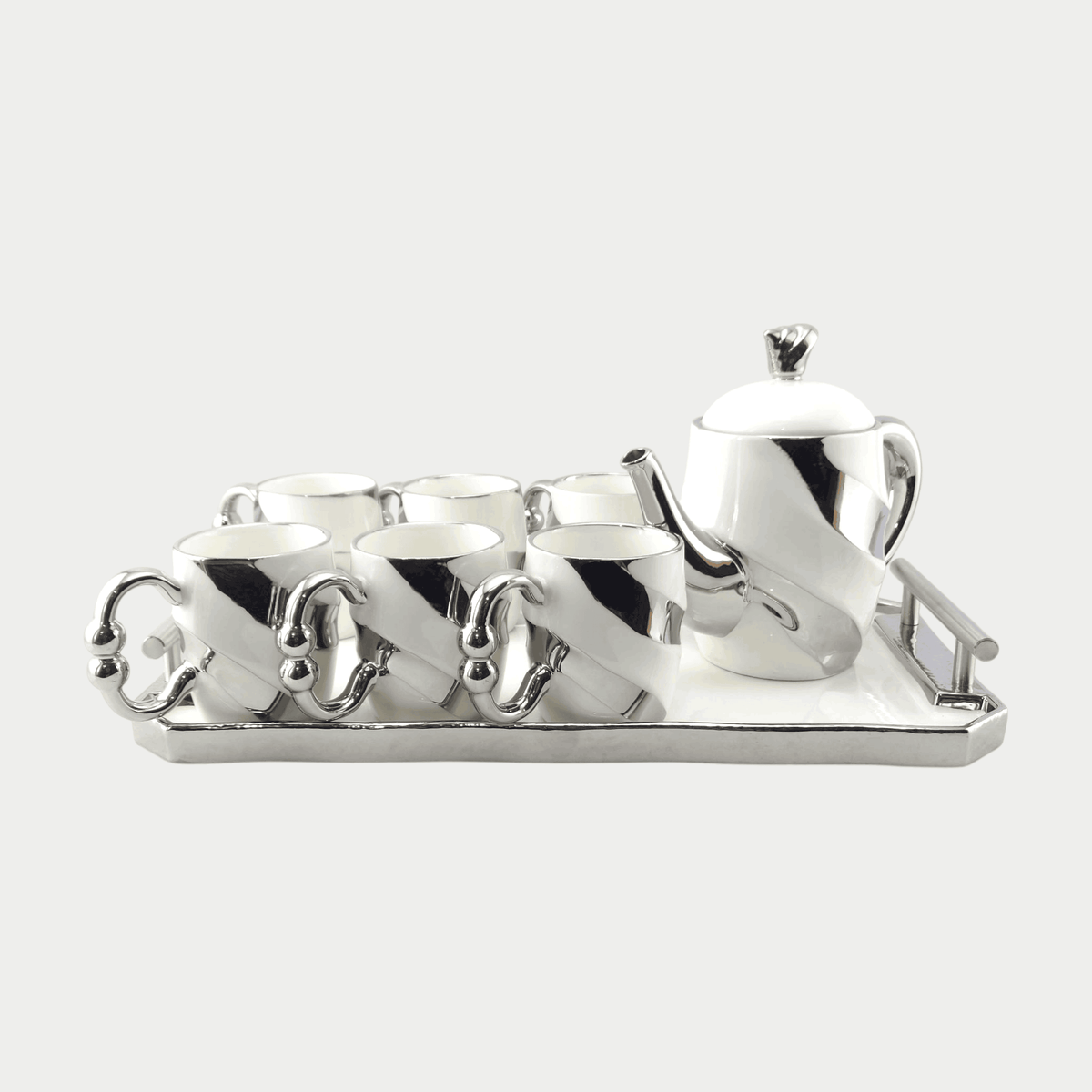 Royal 9-Piece Coffee Set White & Silver With Tray Kaka Bawa Sons
