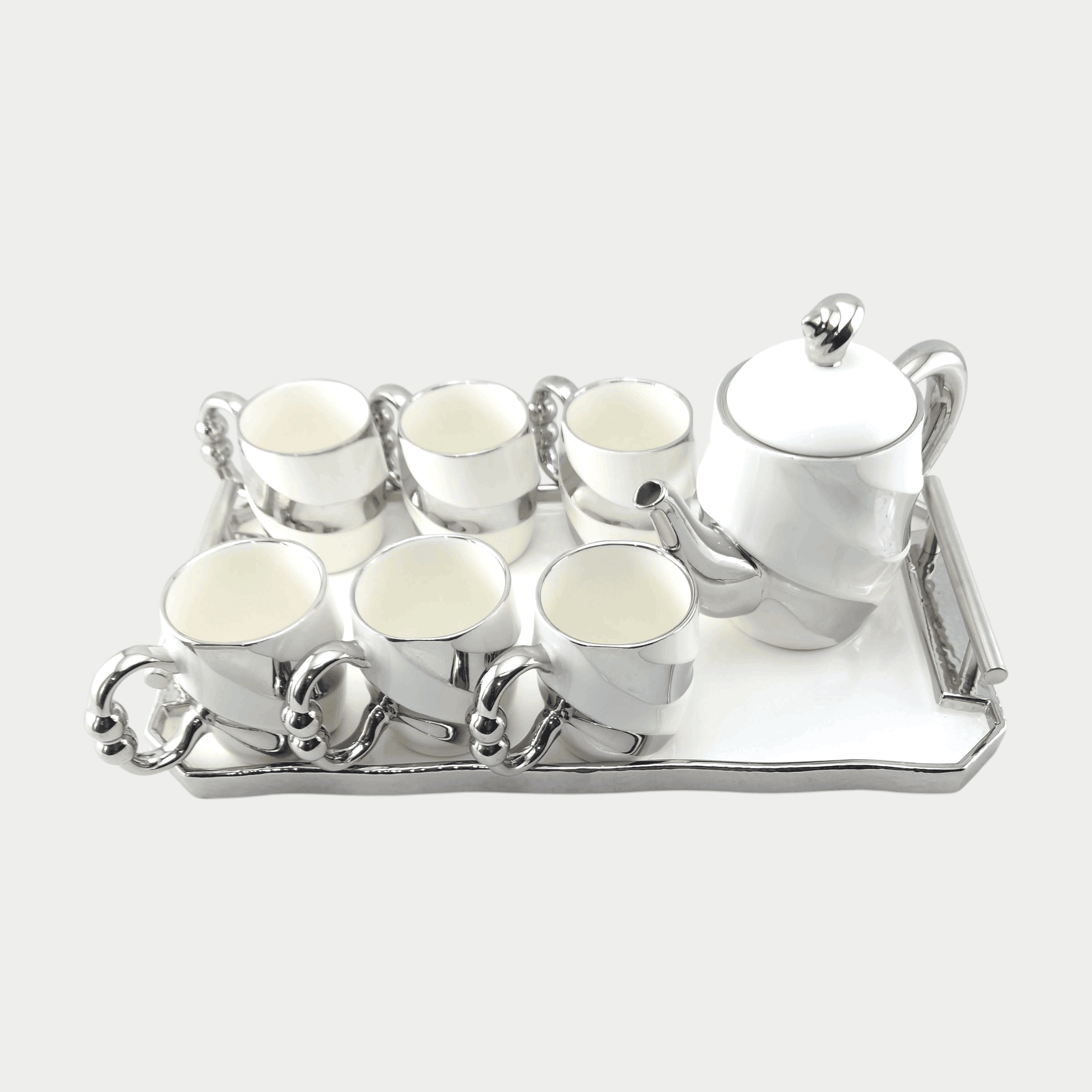 Royal 9-Piece Coffee Set White & Silver With Tray Kaka Bawa Sons