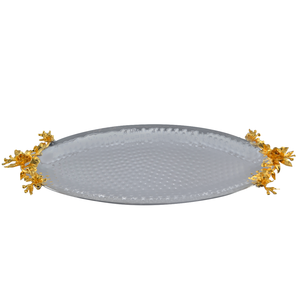 Metal Fancy Oval Tray 16" Golden Handles