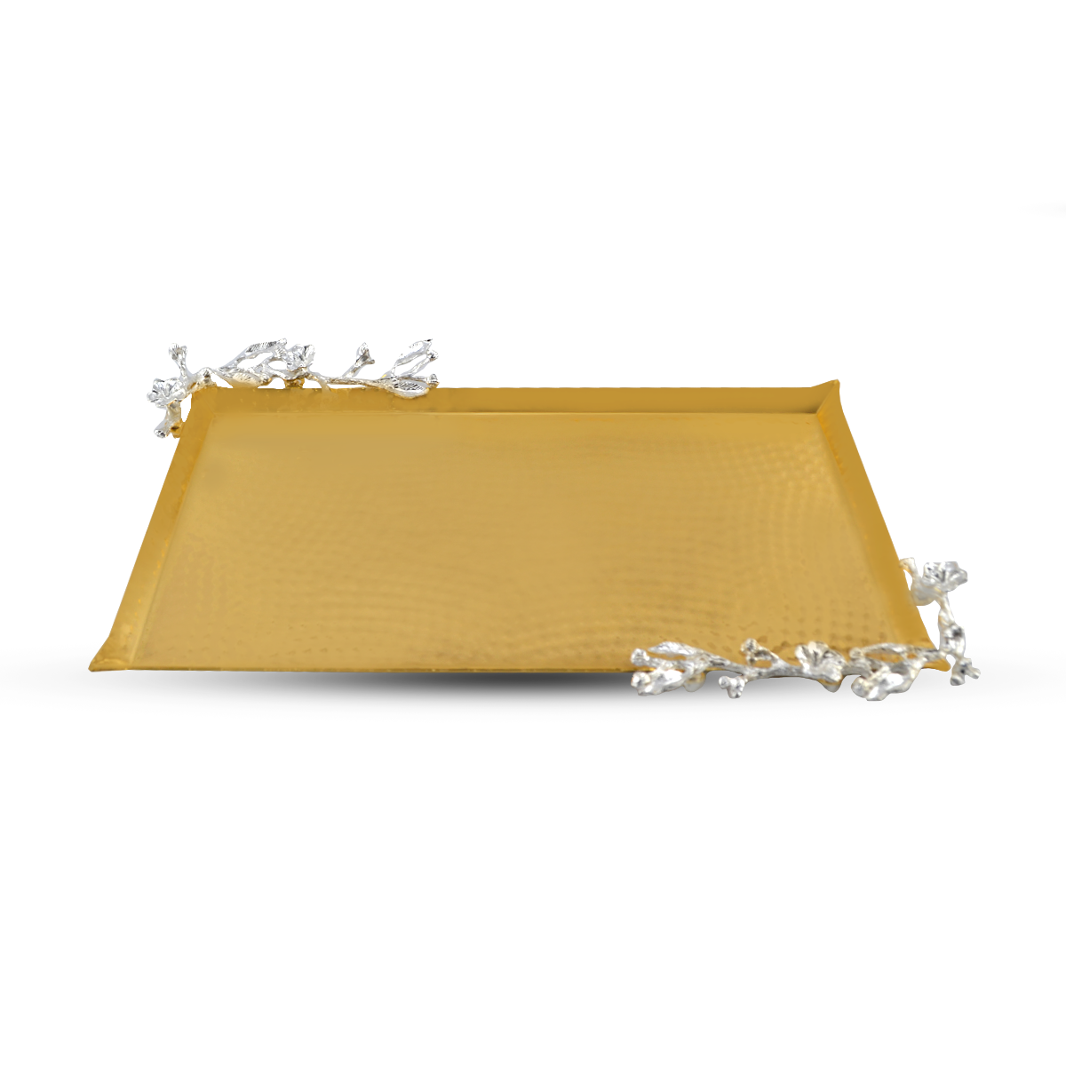 Metal Fancy Rectangle Tray 19" Golden With Silver Flowers