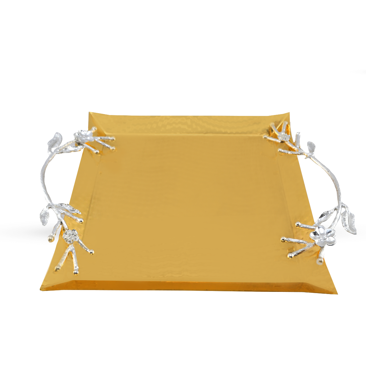 Metal Fancy Square Tray 10" Golden with Silver Handles