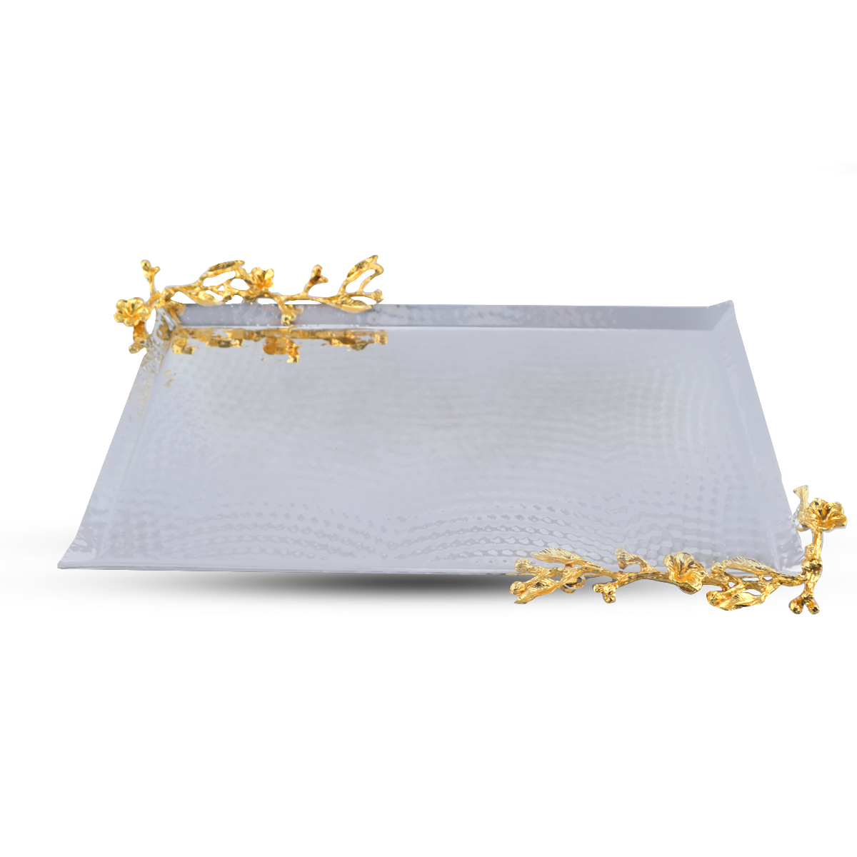 Metal Fancy Rectangle Tray 16" Silver With Golden Handles