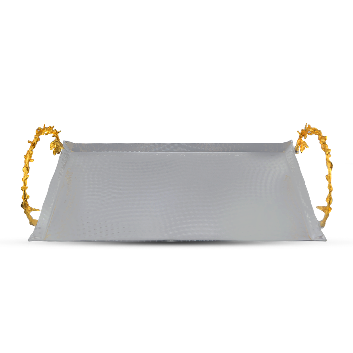 Metal Fancy Rectangle Tray 17" Silver With Golden Handles