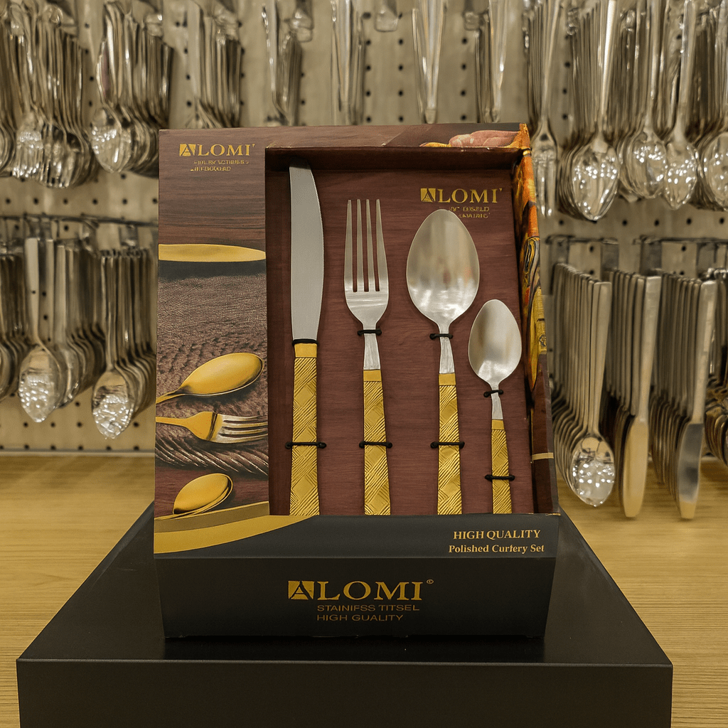 Alomi 24-Piece Golden Cutlery Set With Stand Kaka Bawa Sons