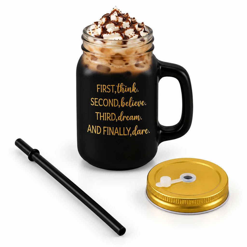 Kleeyo Black Dream & Dare 450 ml Glass Mason Jar with Straw