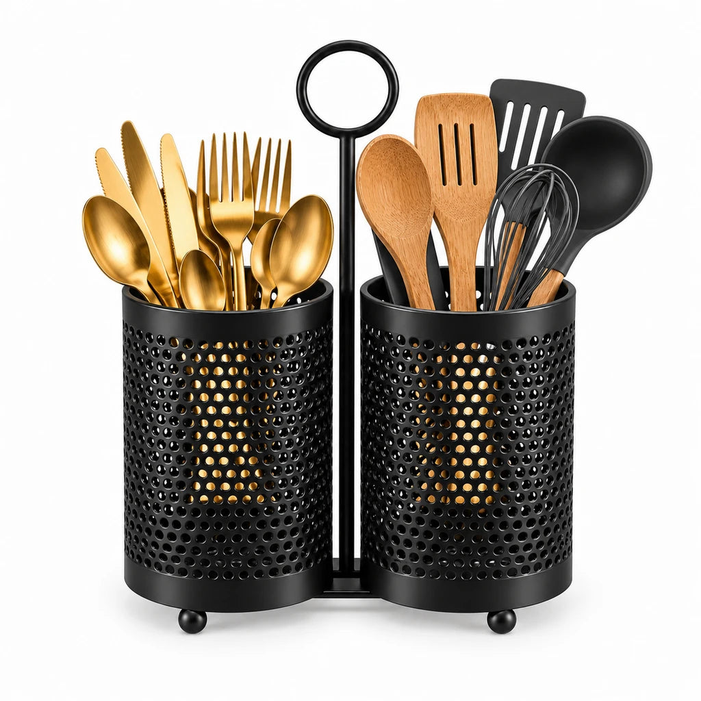 Fancy 2-Compartment Stainless Steel Utensil Holder - Black & Gold