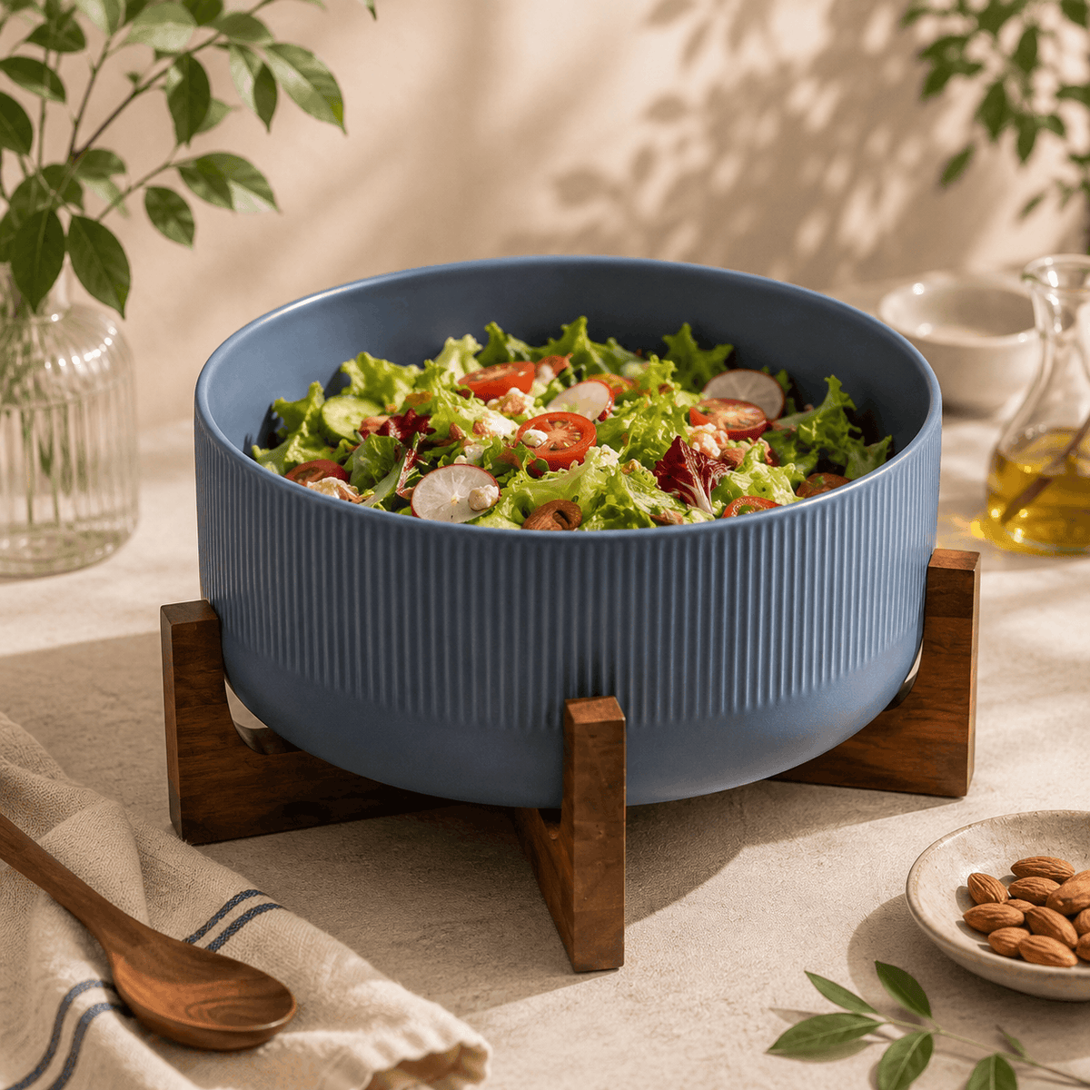 Danny Home 2.7-Liter 22.5 Cm Ceramic Salad Bowl With Wooden Stand Kaka Bawa Sons