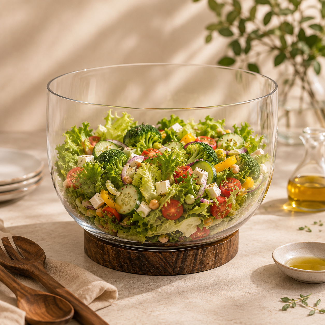Danny Home 3870 ML Glass Salad Bowl With Wooden Base