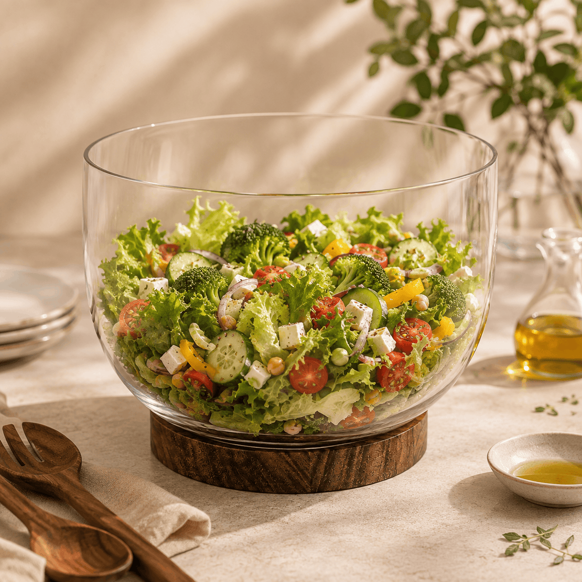Danny Home 3870 ML Glass Salad Bowl With Wooden Base Kaka Bawa Sons