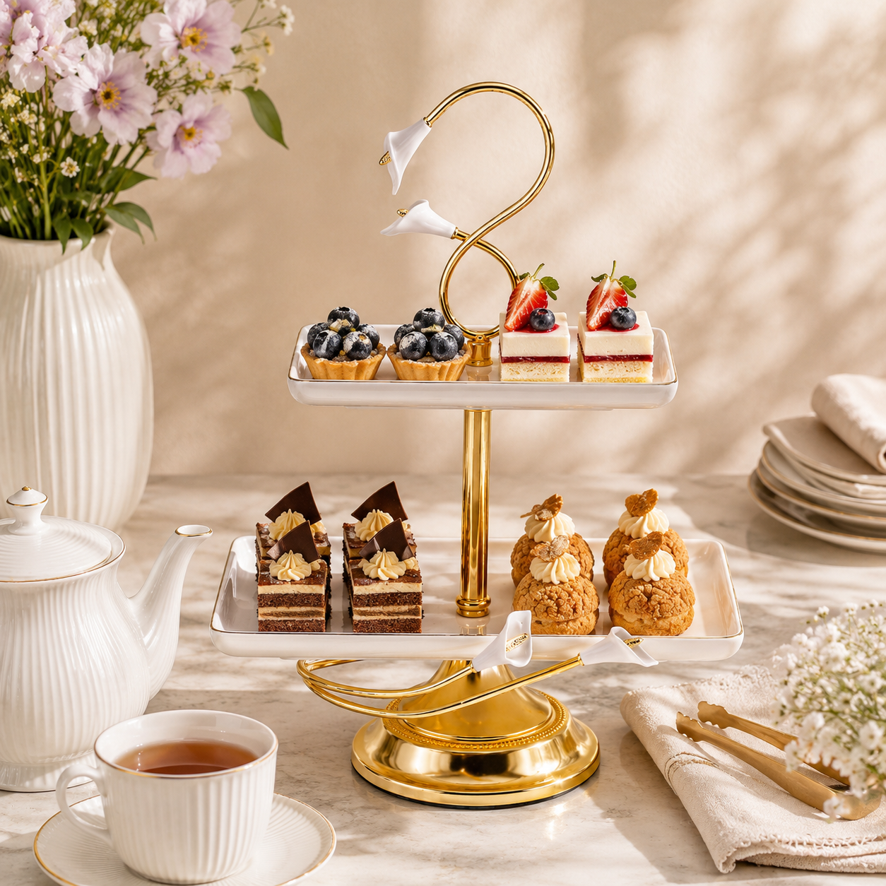 Fancy 2-Tier Rectangular Steel Pastry Stand With Glass Trays