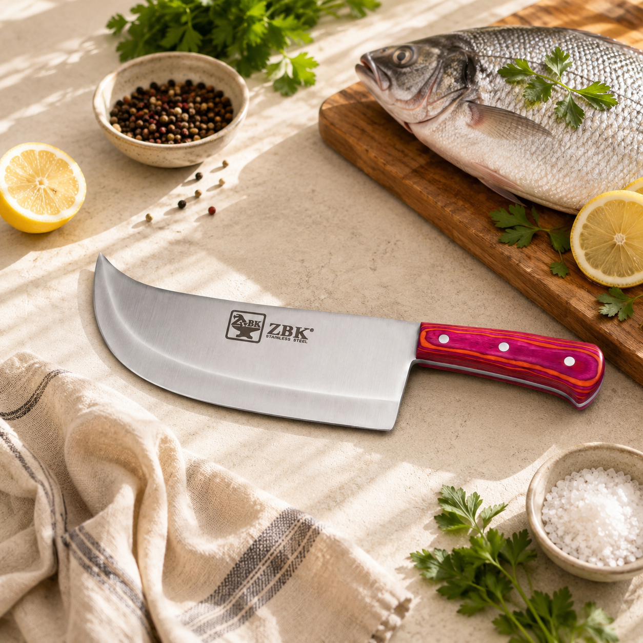 Z.B.K 12-Inch Stainless Steel Curved Butcher Fish Chopper With Wood Handle