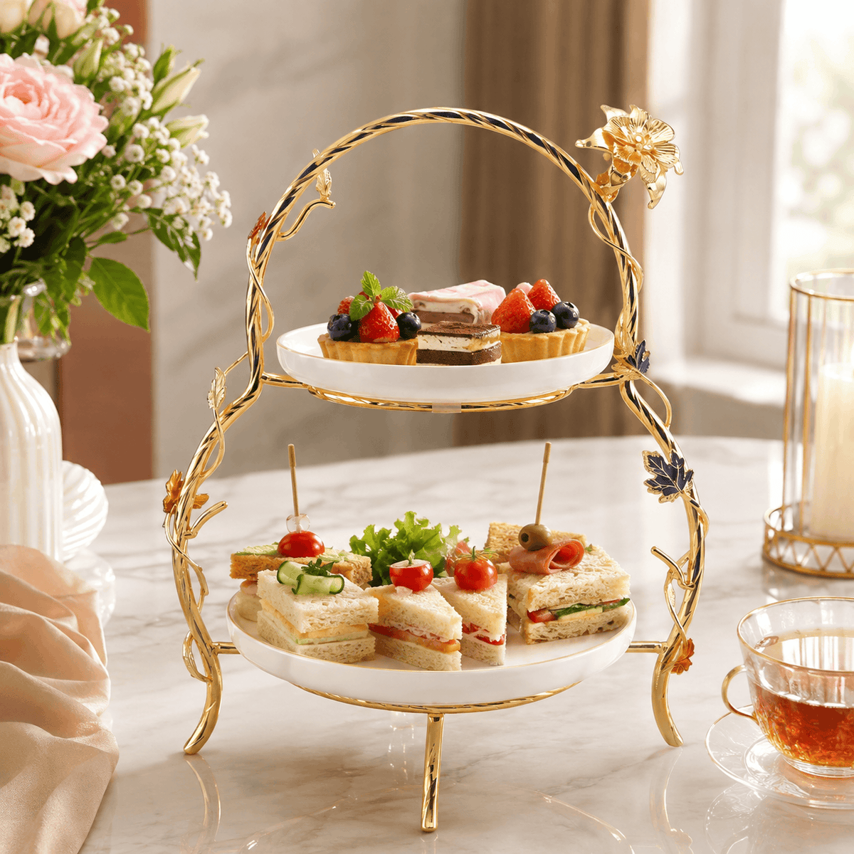 Fancy 2-Tier Oval Ceramic Pastry Stand With Metal Stand Kaka Bawa Sons