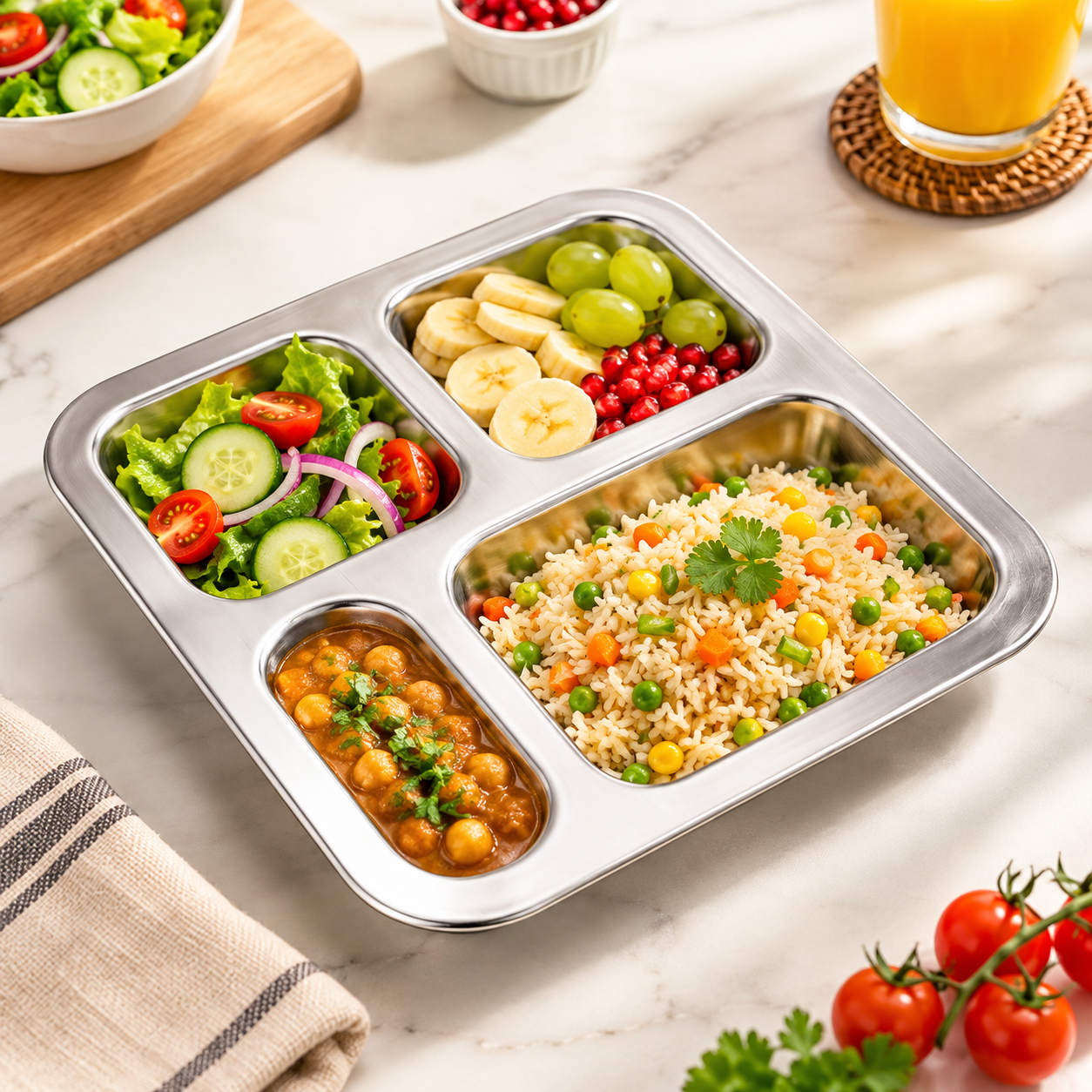 M.G 4-Portion Stainless Steel Rectangular Tray