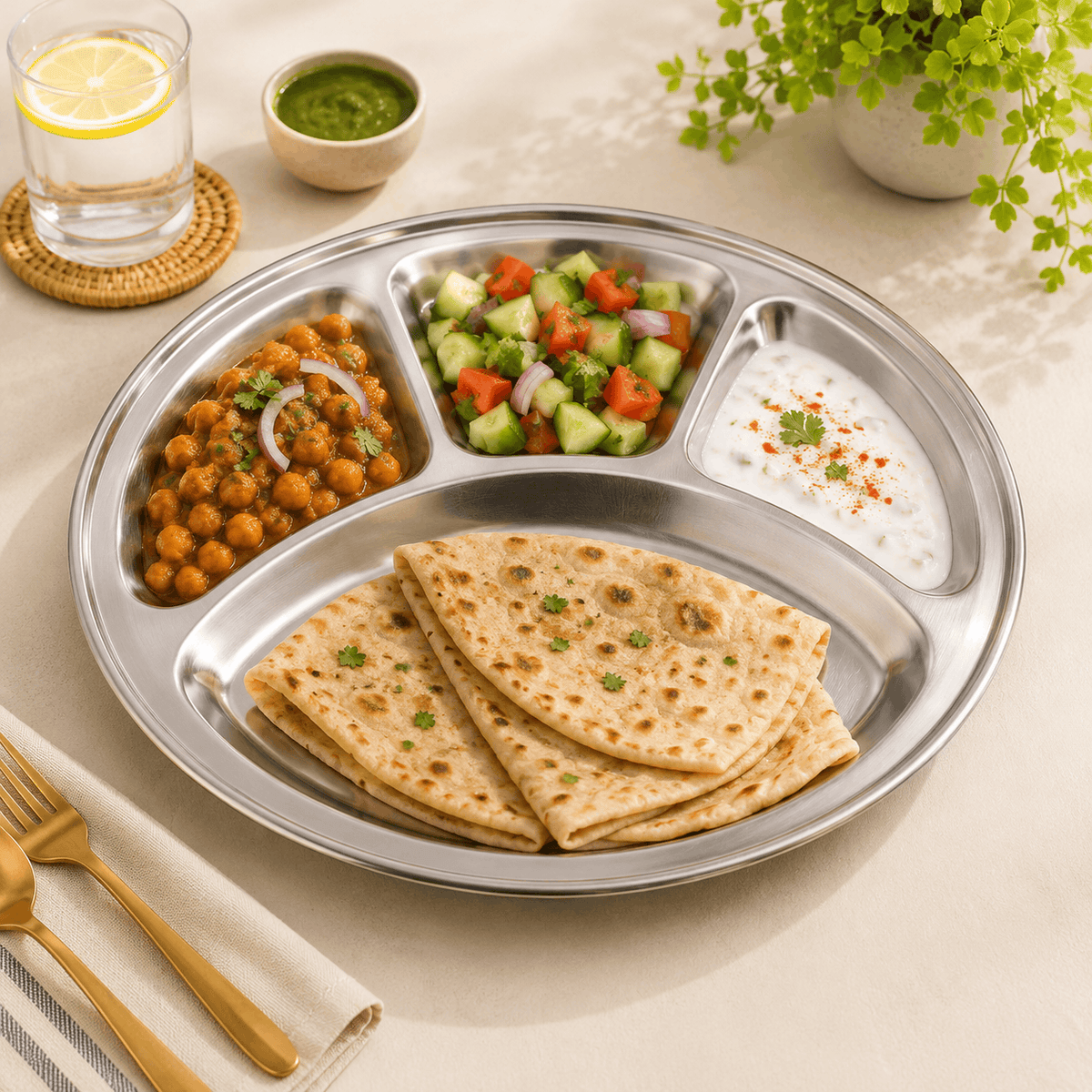 M.G 4-Portion 32 Cm Stainless Steel Round Serving Tray Kaka Bawa Sons