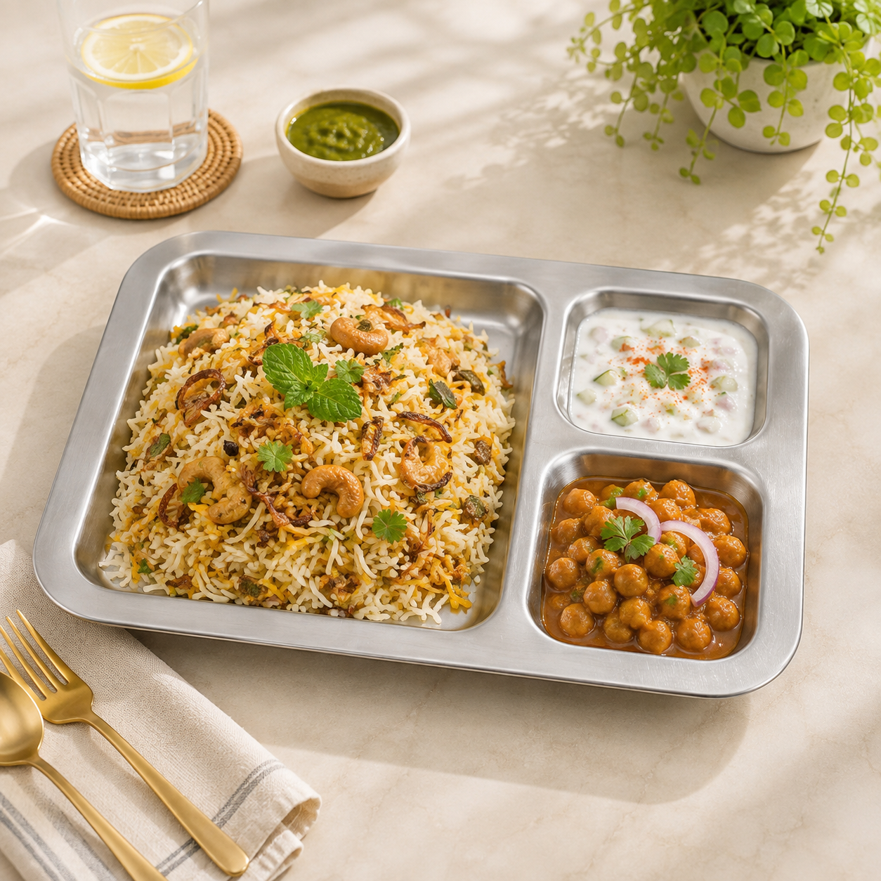 M.G 3-portion 36*35 cm Stainless Steel Rectangular Serving Tray