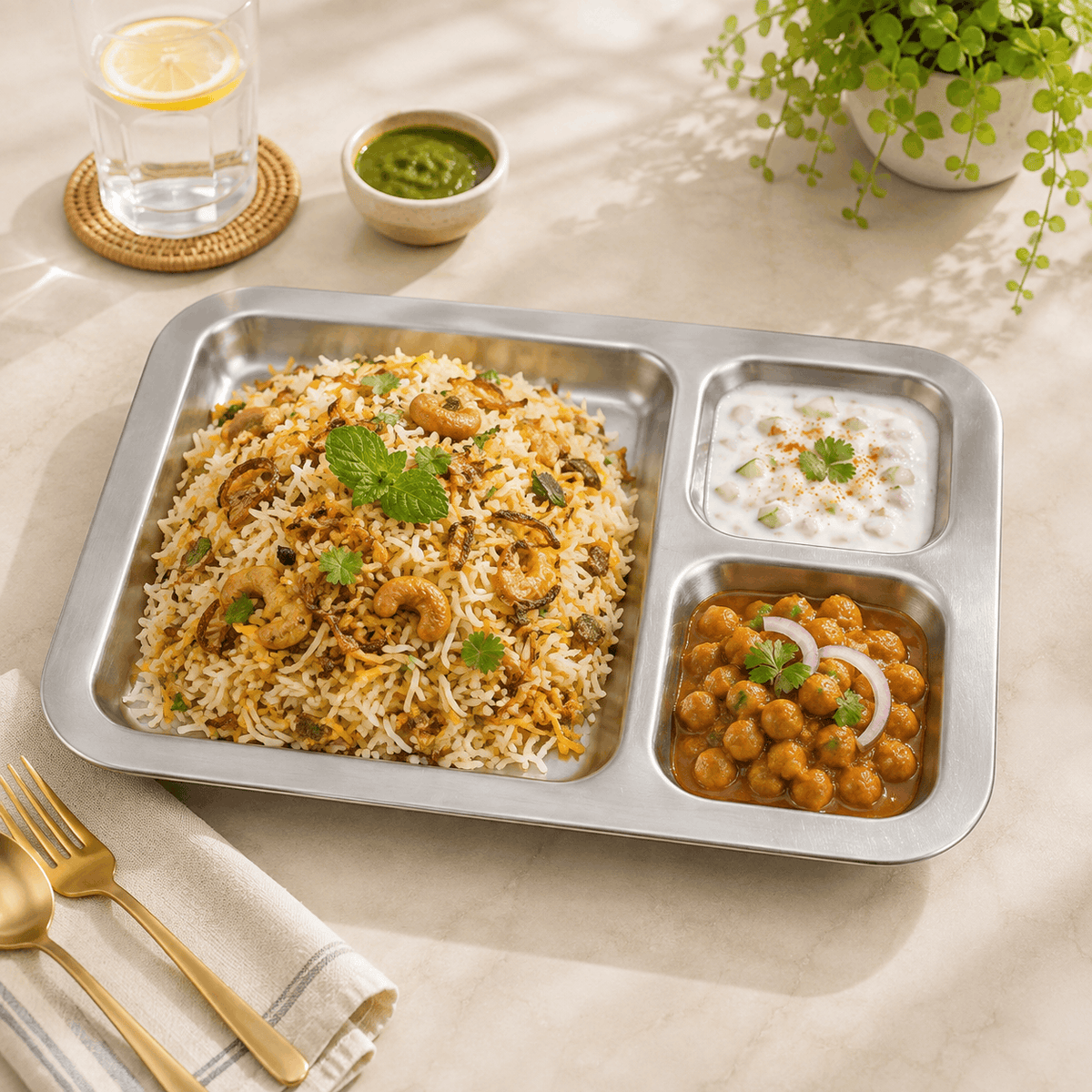 M.G 3-portion 36*35 cm Stainless Steel Rectangular Serving Tray Kaka Bawa Sons