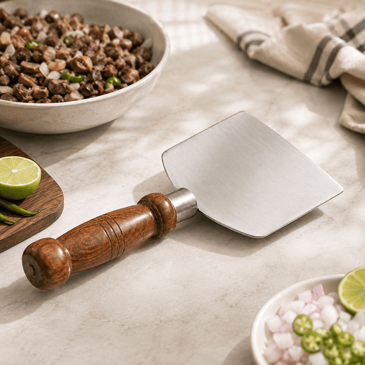 M.G 10-Inch Stainless Steel Griddle-Chopped Fry Offal (Taka-Tak) Scrapper Kaka Bawa Sons