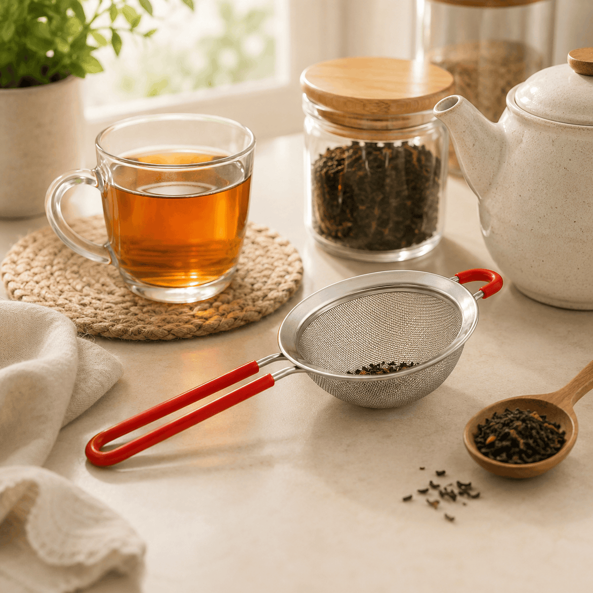 Nano 10 Cm Red Handle Steel Tea Strainer Kaka Bawa Sons