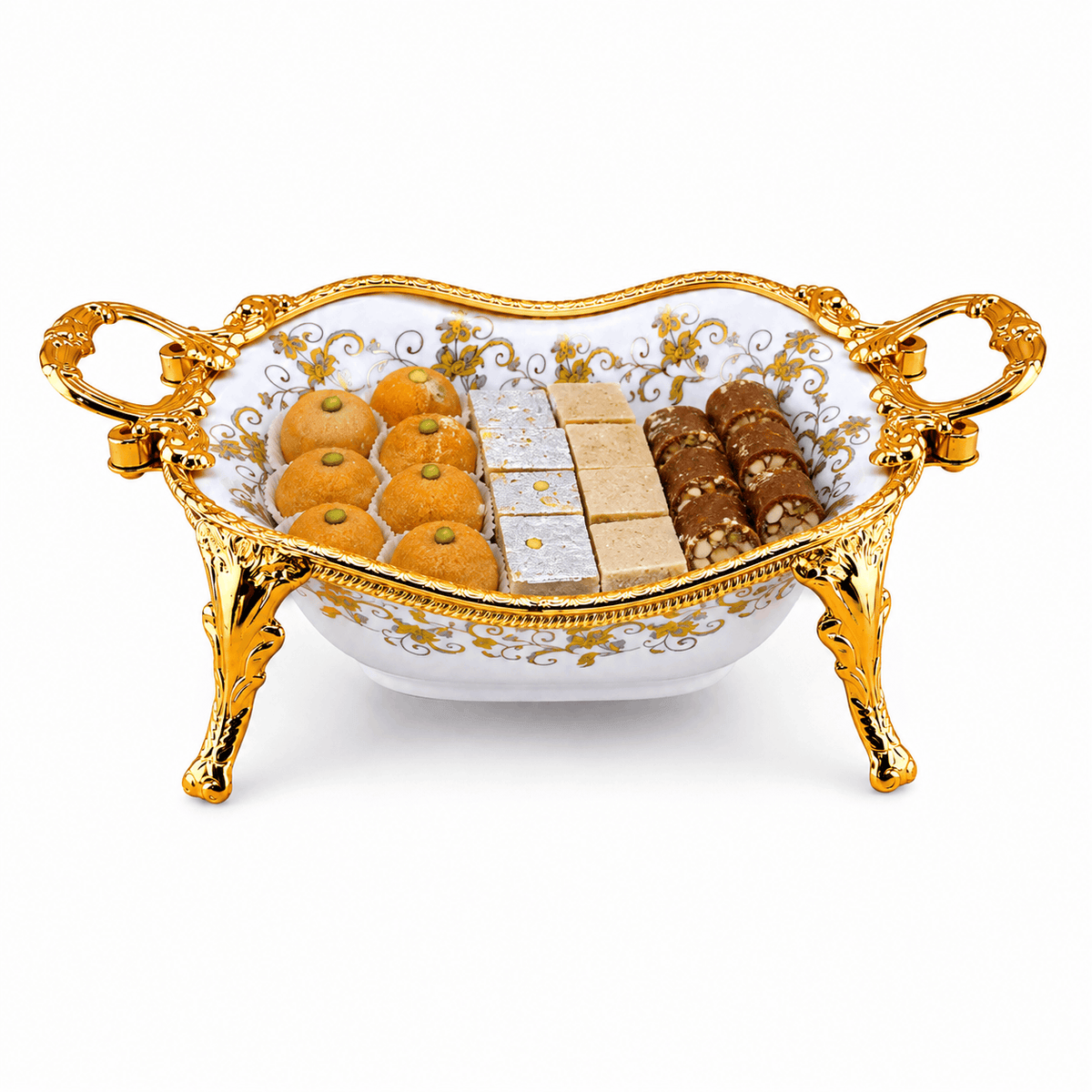 Brilliant Porcelain Oval Wavy Serving Dish - Golden Flower - 11 Inch Kaka Bawa Sons