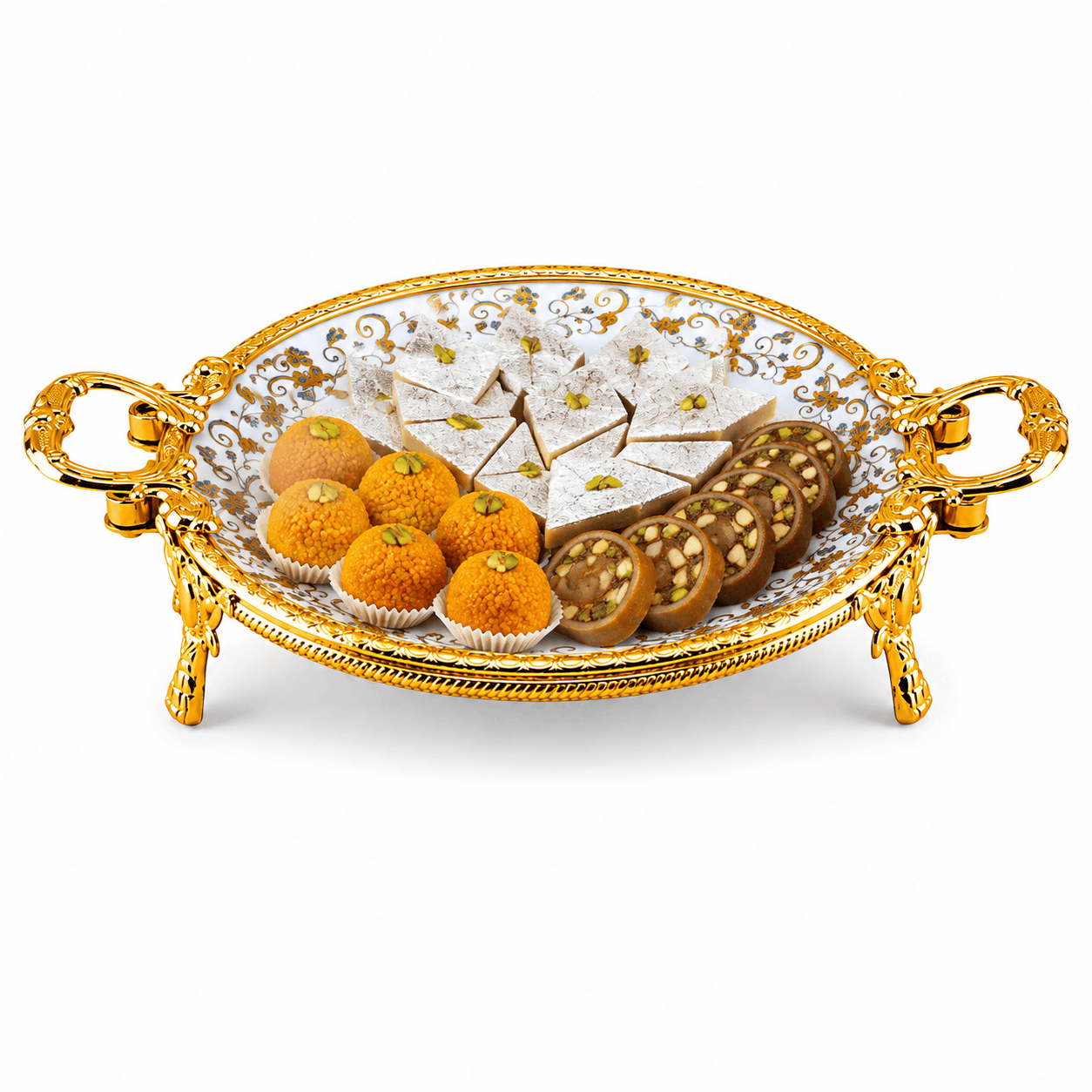 Brilliant Porcelain Round Serving Dish - Golden Flower - 10.5 Inch Kaka Bawa Sons
