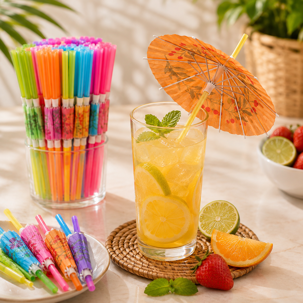 Artistic Plastic Multi-Colored Umbrella Straws Pack