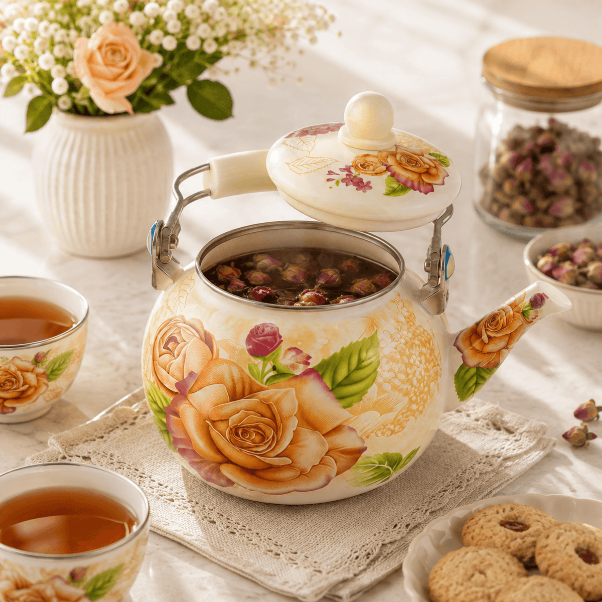 Enamel 2.5-Liter Cream Rose Tea Pot Kaka Bawa Sons
