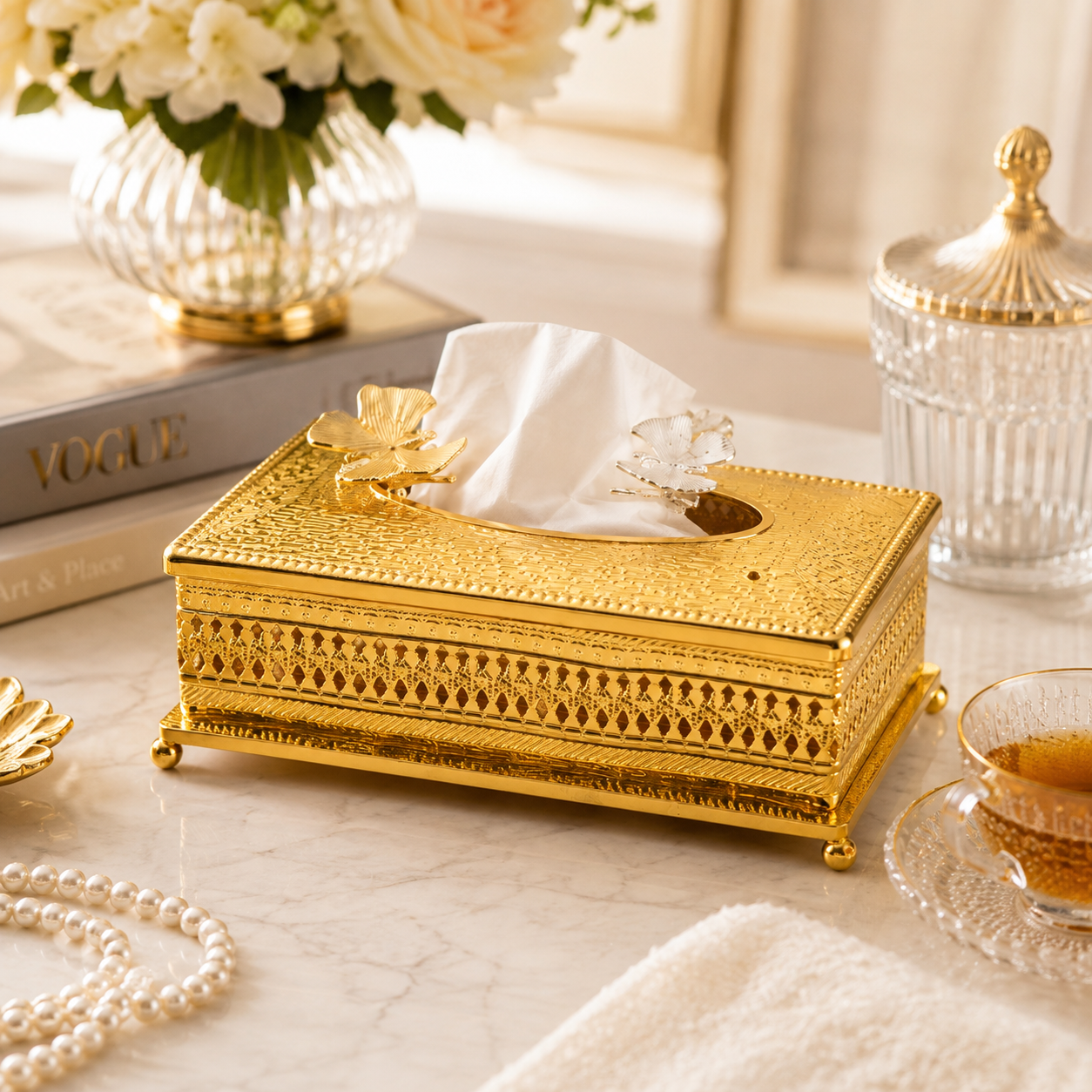 Fancy Metal Luxury Gold Decorative Tissue Box Holder with Butterfly Accent