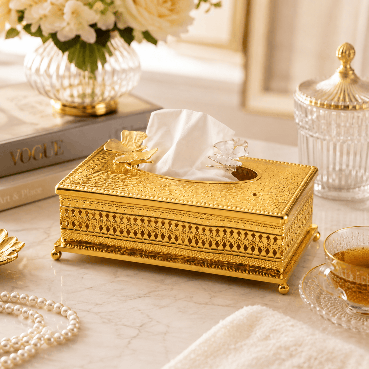 Fancy Metal Luxury Gold Decorative Tissue Box Holder with Butterfly Accent Kaka Bawa Sons