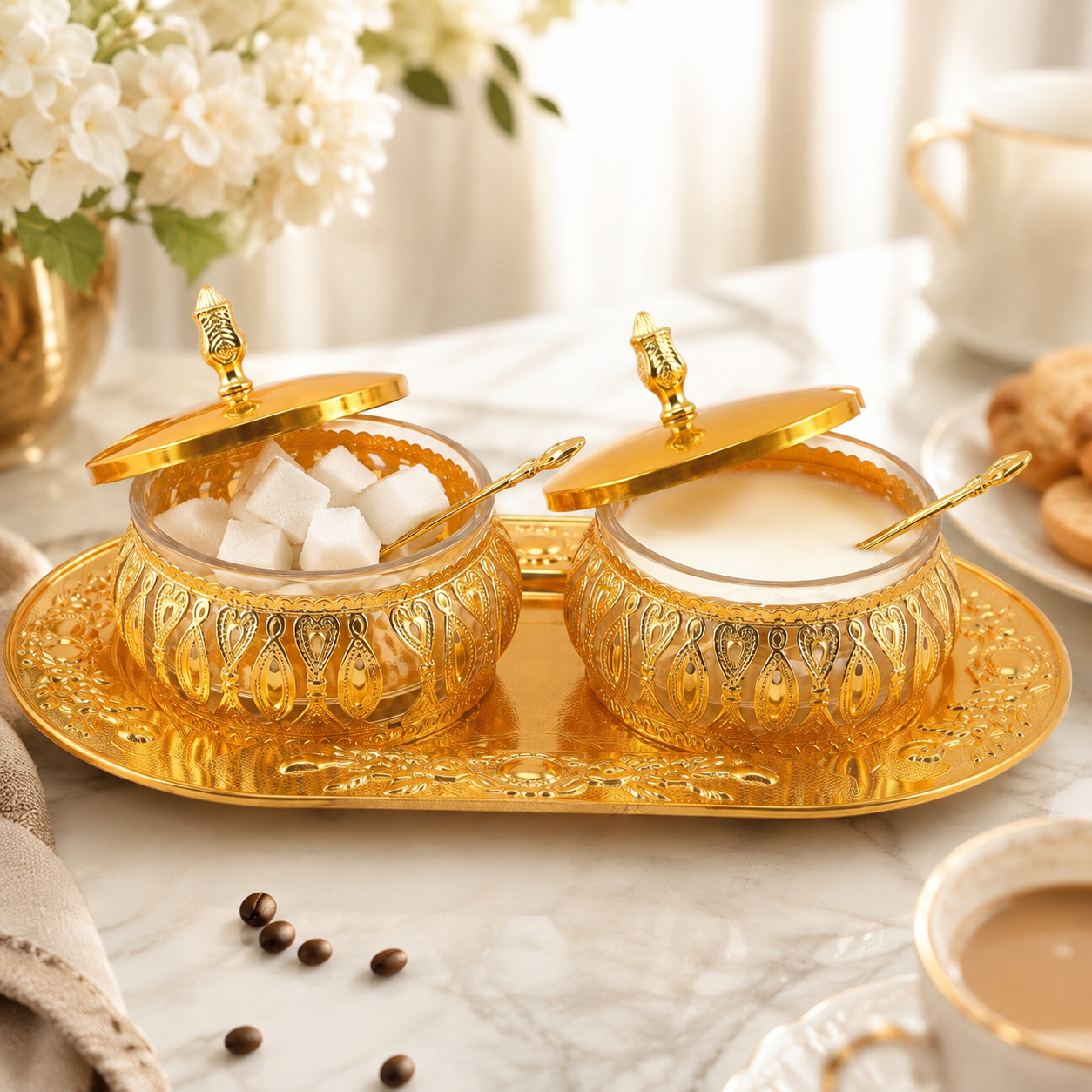Fancy Metal Milk and Sugar Pot On A Stand Set