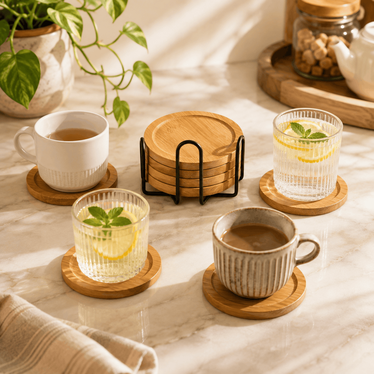 Violet 6-Piece Wooden Round Coaster Set With Stand Kaka Bawa Sons