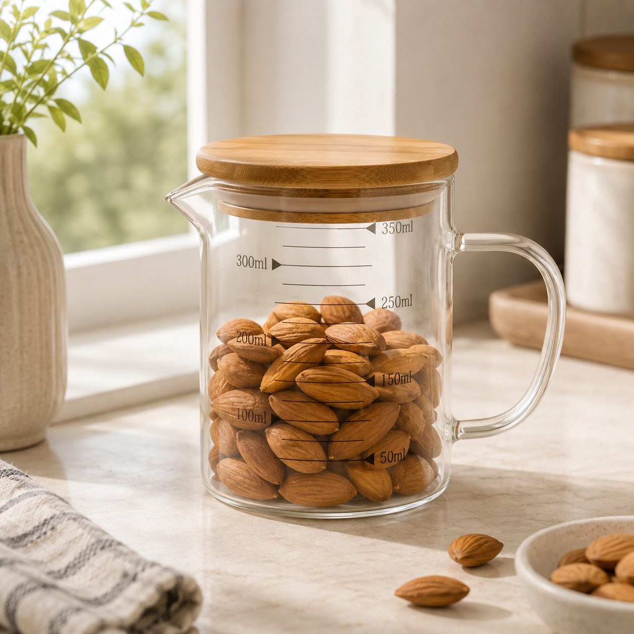 Aceity 350 ML Glass Measuring Jug With Wooden Lid