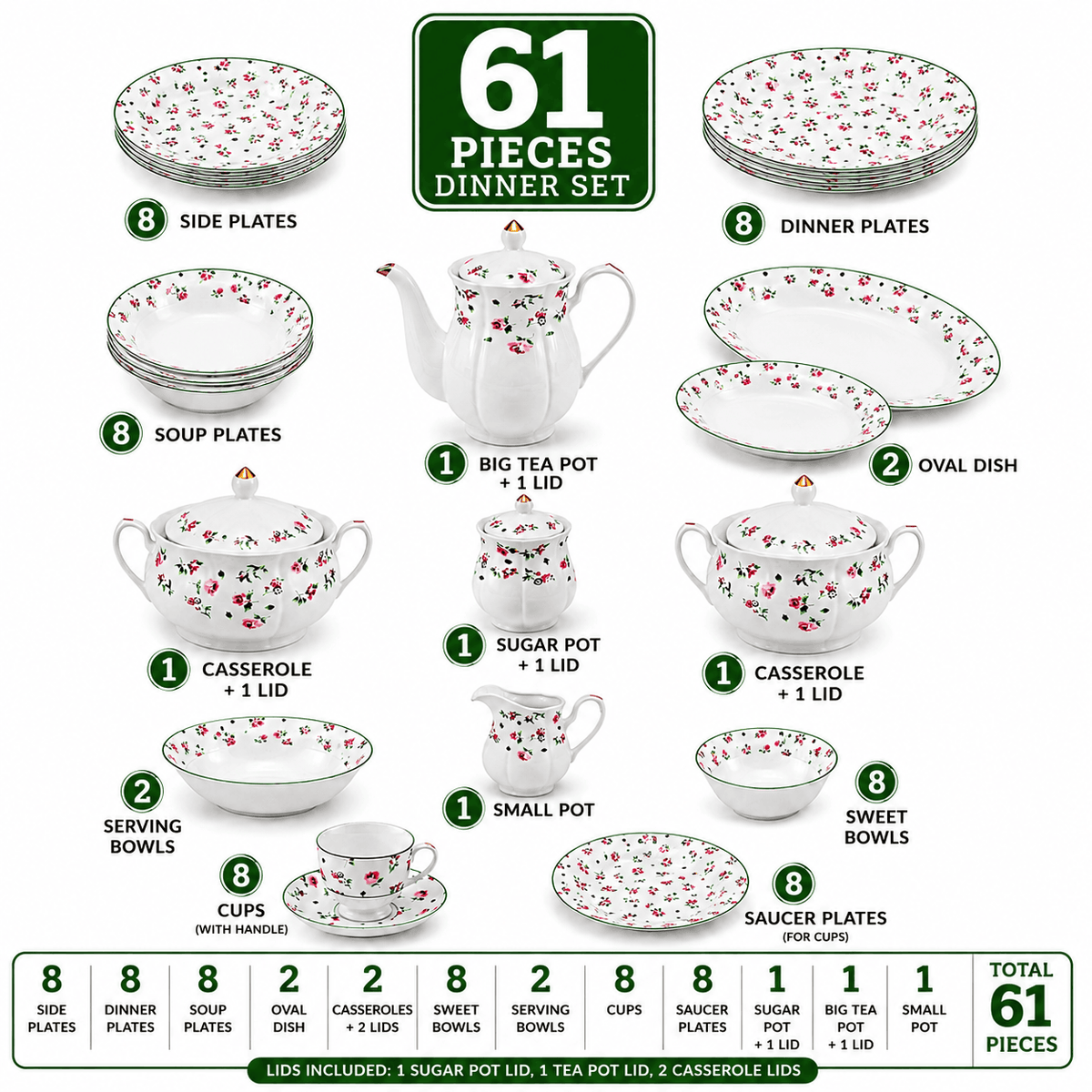 Royal 61-Pieces 8-Serving Bonne China Dinner Sets NG-Series Kaka Bawa Sons