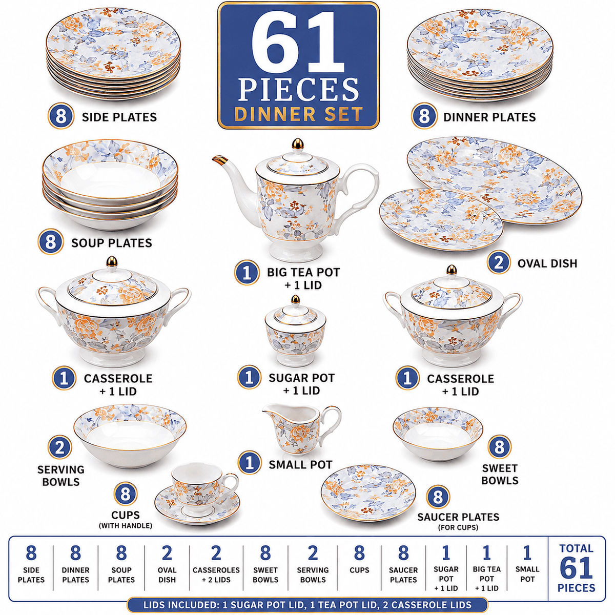 Royal 61-Pieces 8-Serving Bonne China Dinner Sets FY-Series Kaka Bawa Sons
