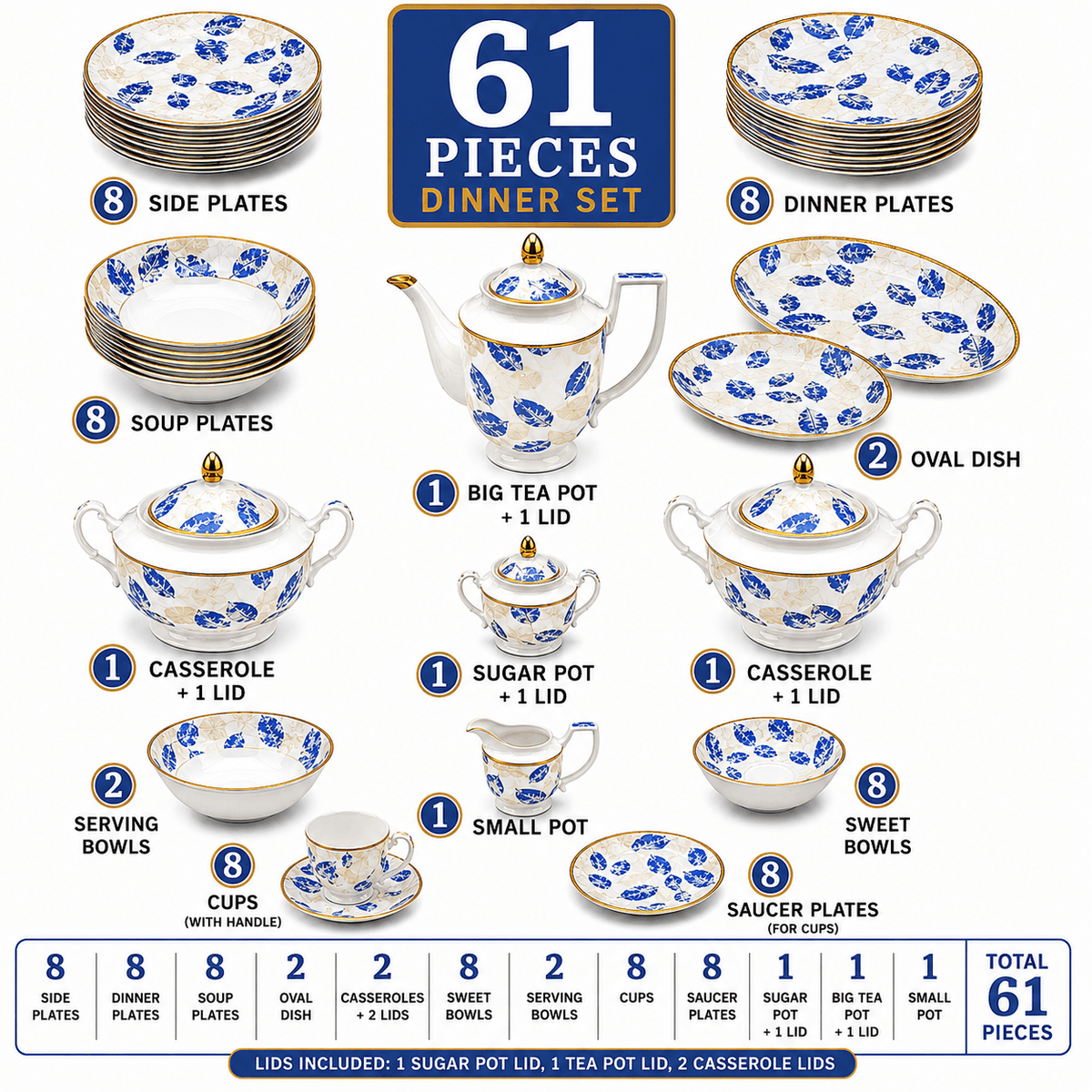 Royal 61-Pieces 8-Serving New Bone Dinner Set SN-Series Kaka Bawa Sons