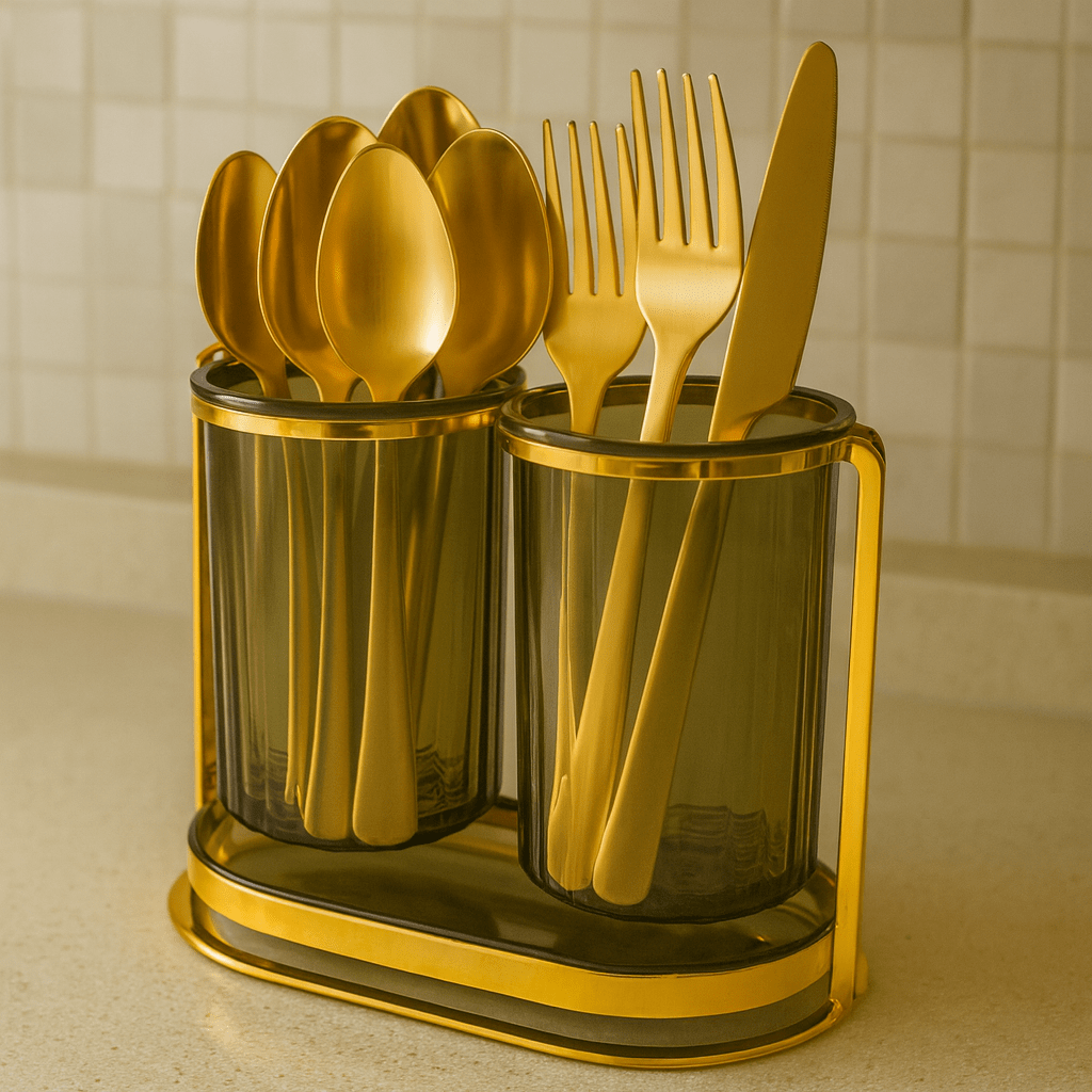 2-Portion Metal Spoons Holder Golden