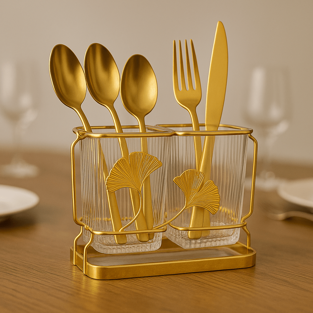 2-Portion Metal Spoons Holder Golden