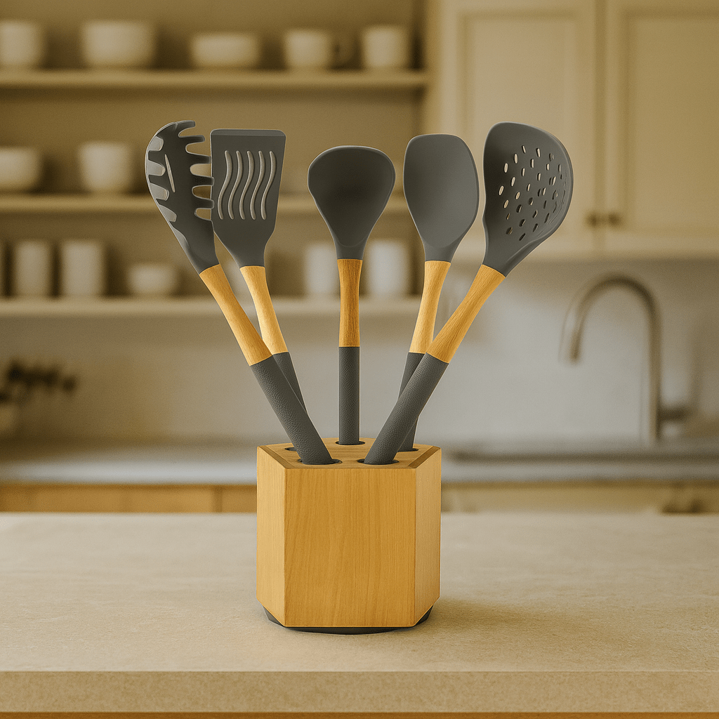 6-Piece Non Stick Silicone Kitchen Utensil Set With Wooden Stand