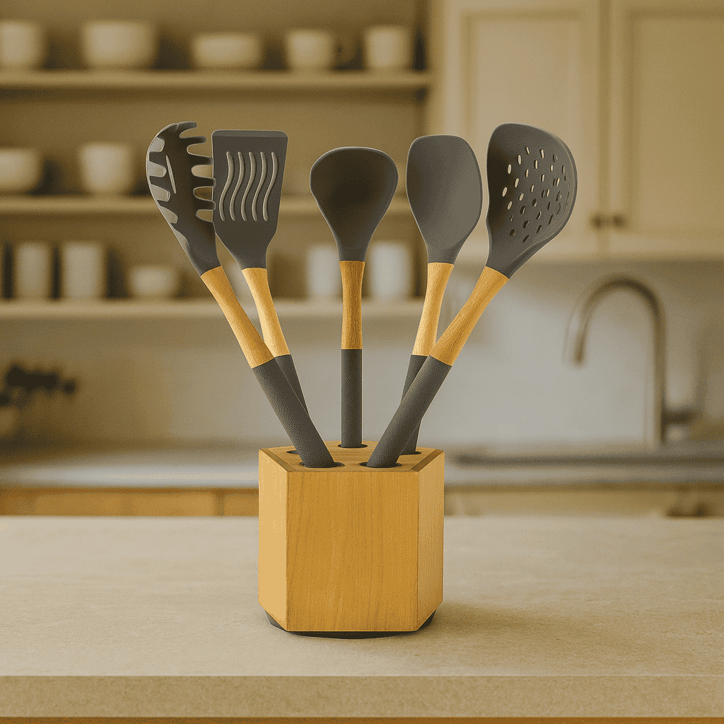 6-Piece Non Stick Silicone Kitchen Utensil Set With Wooden Stand Kaka Bawa Sons