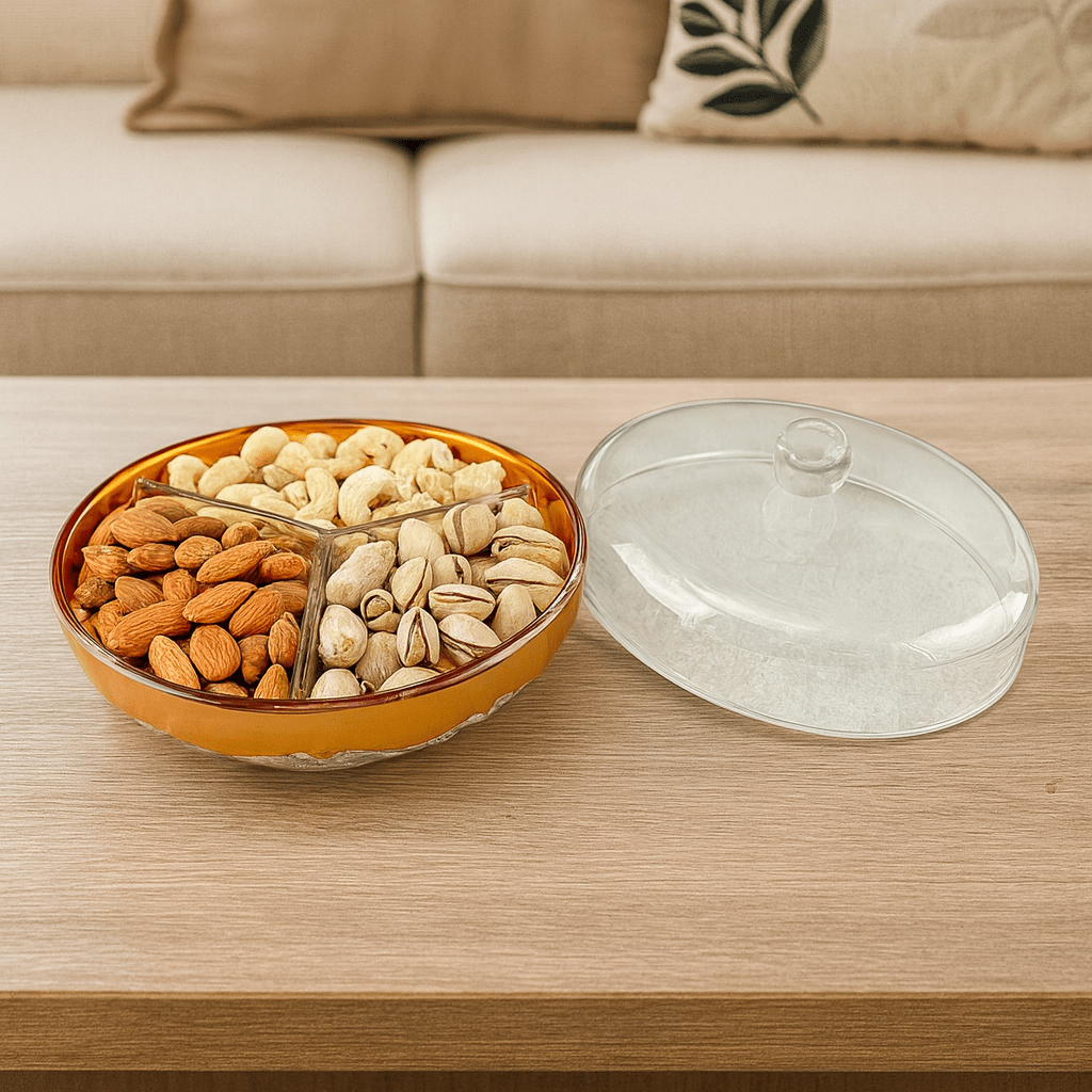 3-Portion Round Acrylic Dry Fruit Dish With Lid