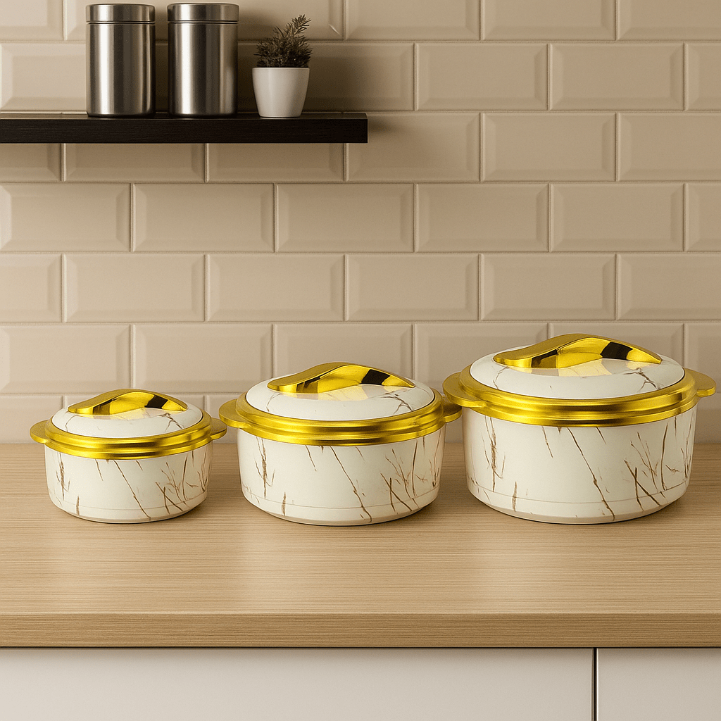 3-Piece Marble Design Hot Pot Set Golden