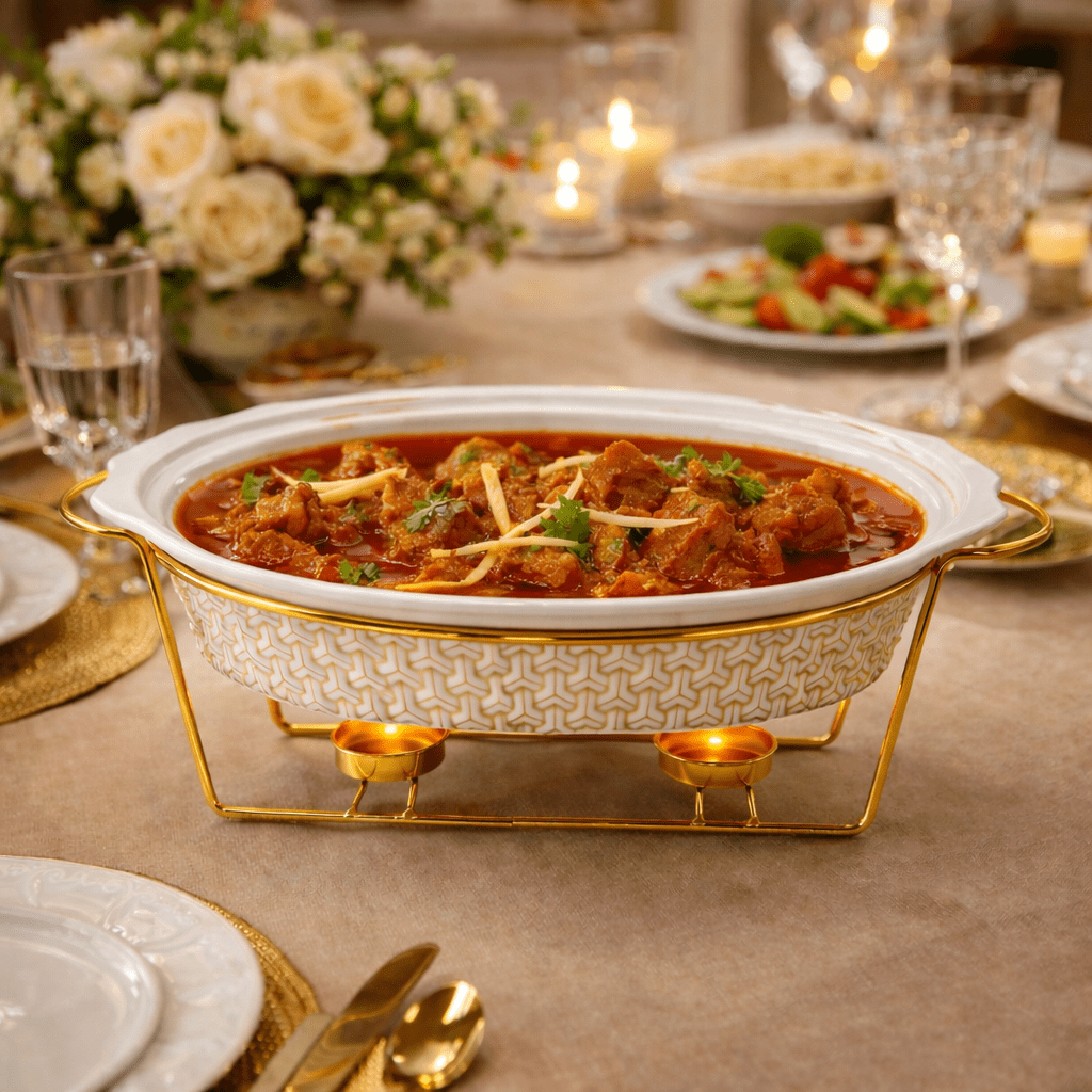 S/W Oval Food Warmer 3-Piece Set White With Golden Stand Kaka Bawa Sons