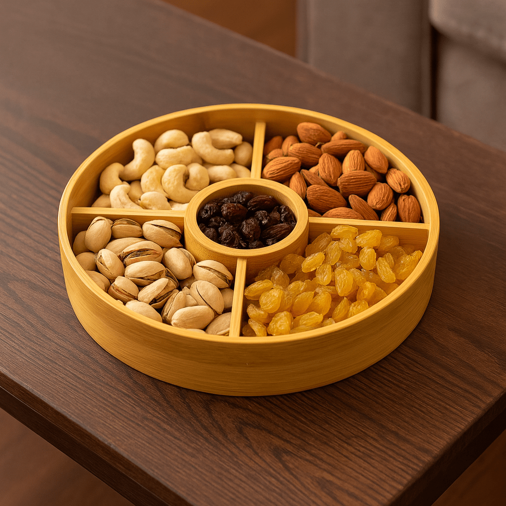 5-Portion Round Wooden Dry Fruit Dish With Acrylic Lid