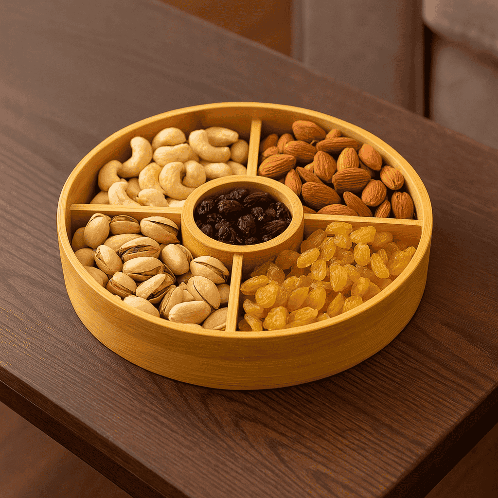 5-Portion Round Wooden Dry Fruit Dish With Acrylic Lid Kaka Bawa Sons