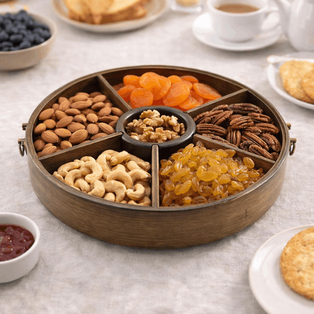 5-Portion Round Wooden Dry Fruit Dish With Acrylic Lid Kaka Bawa Sons