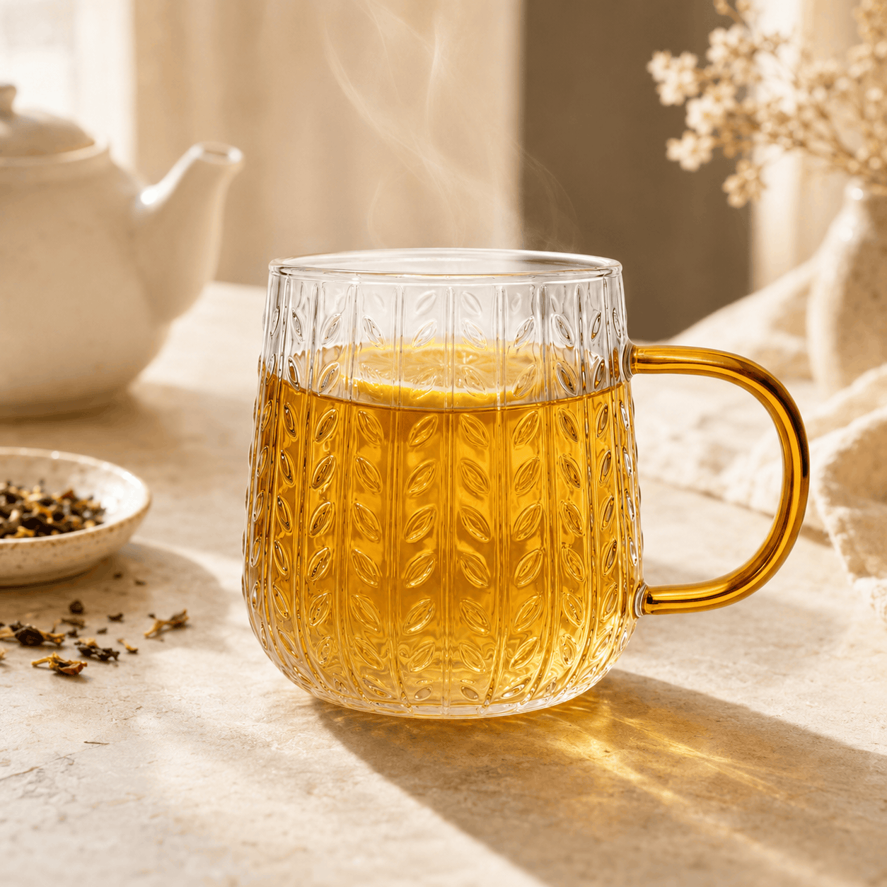 D.W.M 400 ML Vertical Fluted Texture With Leaf Motif, Amber Handle Glass Kaka Bawa Sons