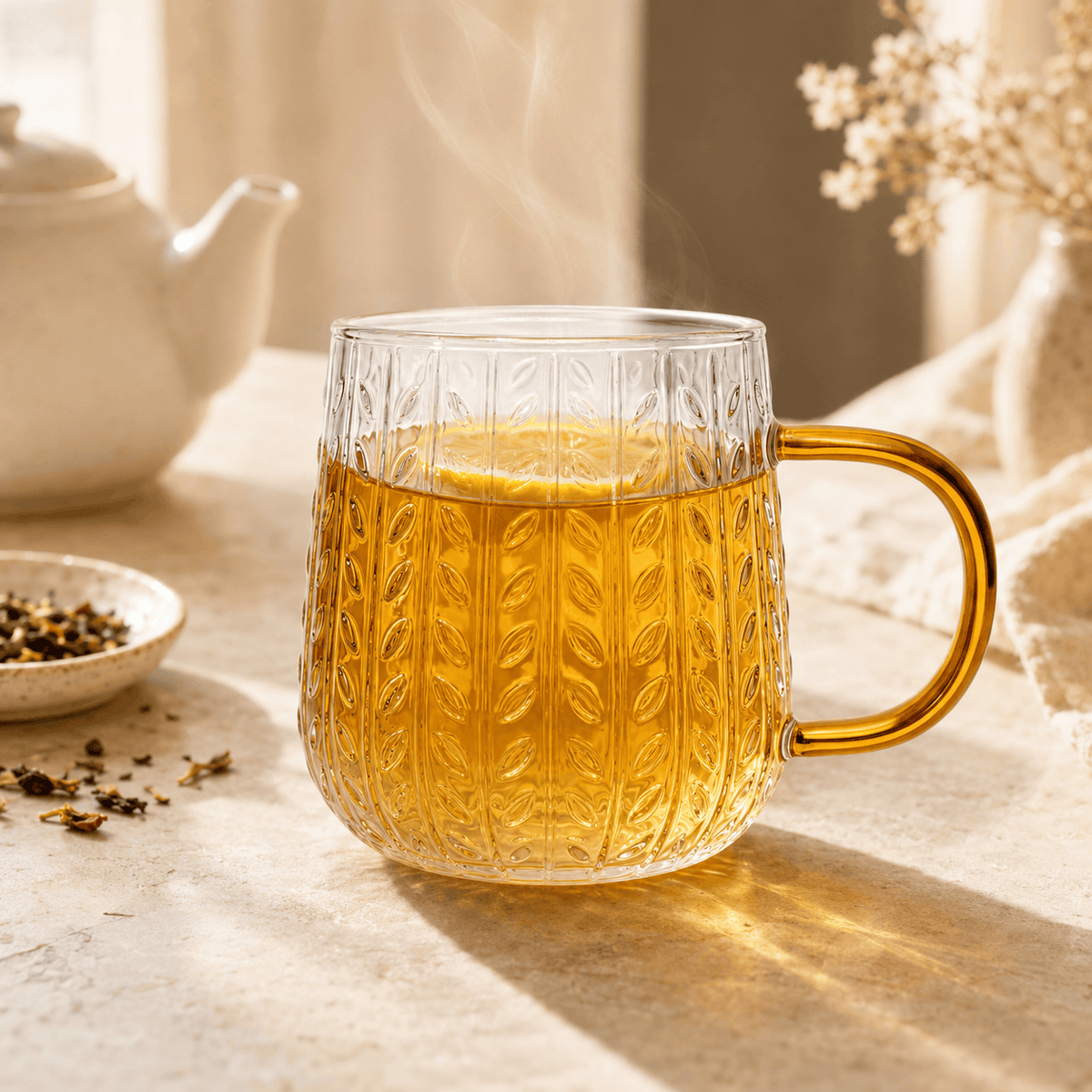 D.W.M 400 ML Vertical Fluted Texture With Leaf Motif, Amber Handle Glass Kaka Bawa Sons