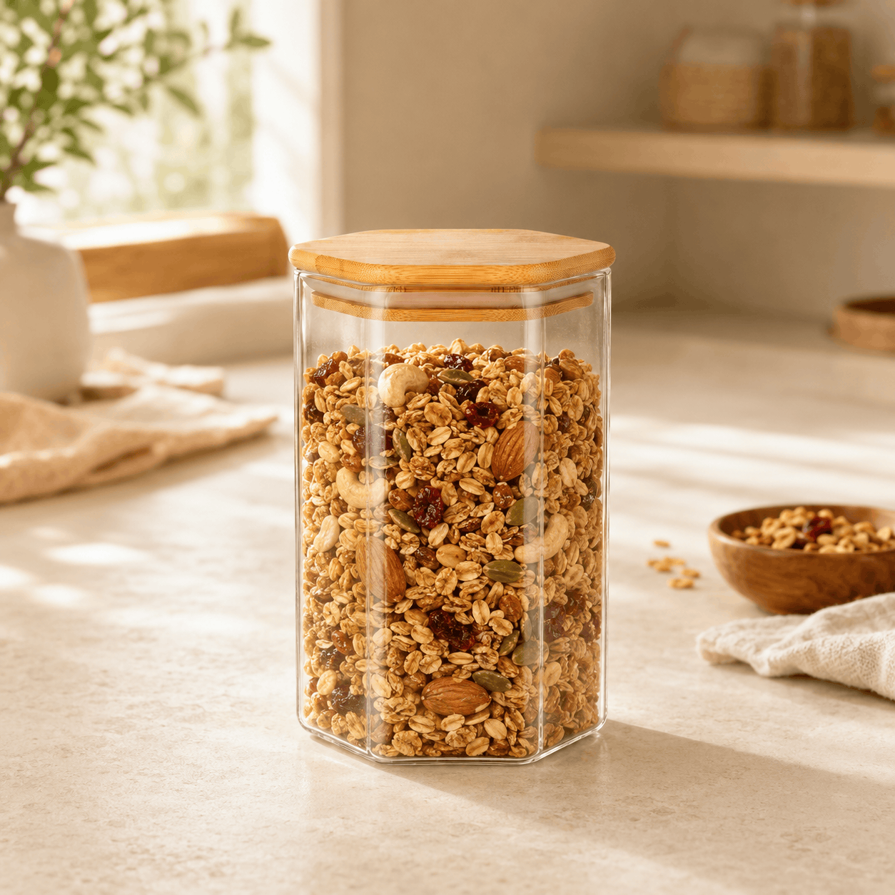 S.G Hexagonal Glass Jars With Wooden Lids Kaka Bawa Sons