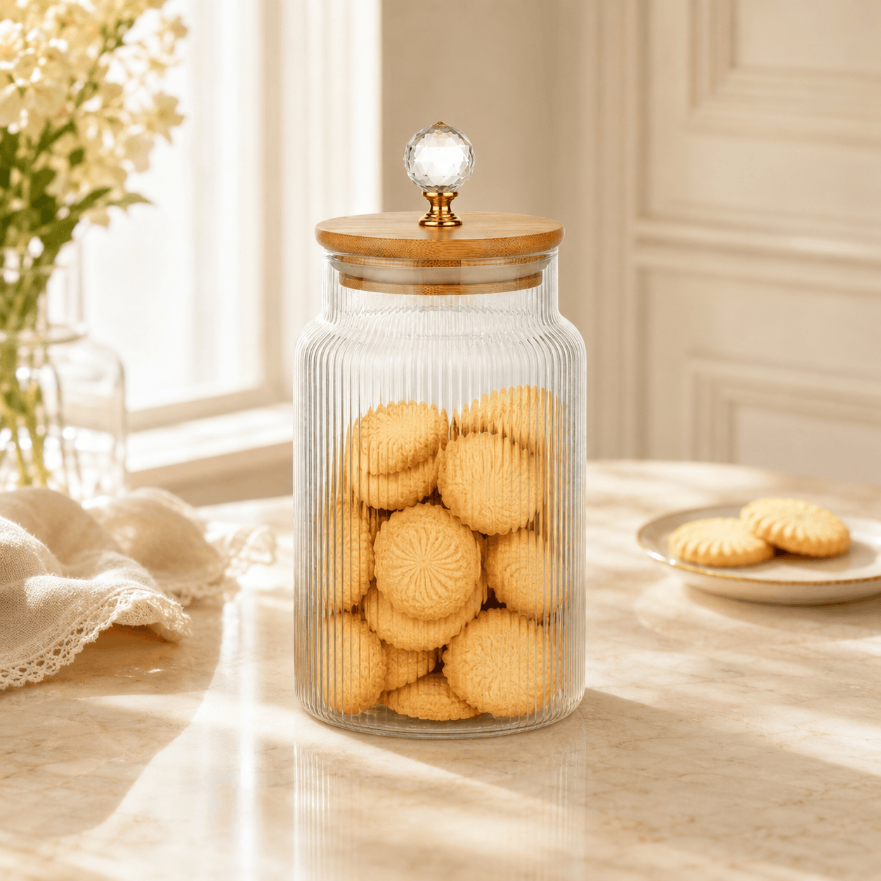 S.G Vertical Ribbed Diamond Head Glass Jar With Wooden Lid Kaka Bawa Sons