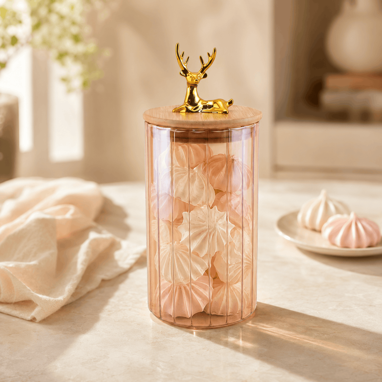 S.G Amber Ribbed Wooden Lid AND Gold Deer Ornament on Lid Glass Jar Kaka Bawa Sons